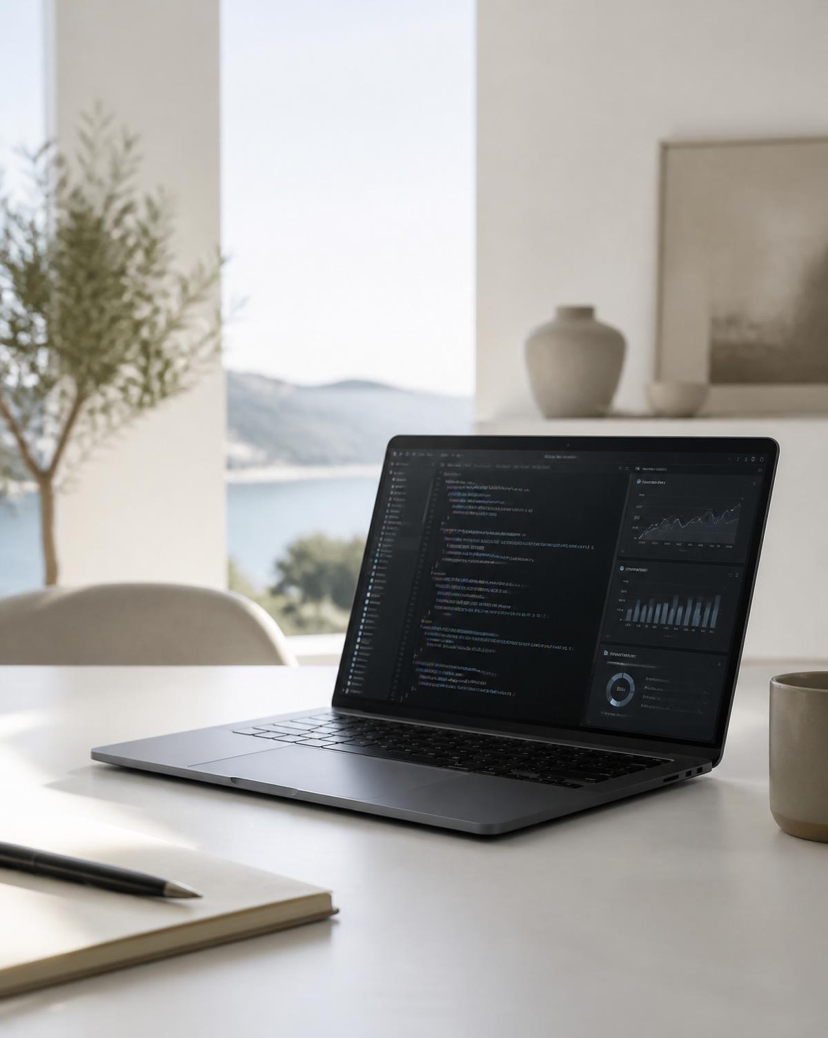 Σύγχρονος χώρος εργασίας τεχνολογίας με laptop, κώδικα και dashboard